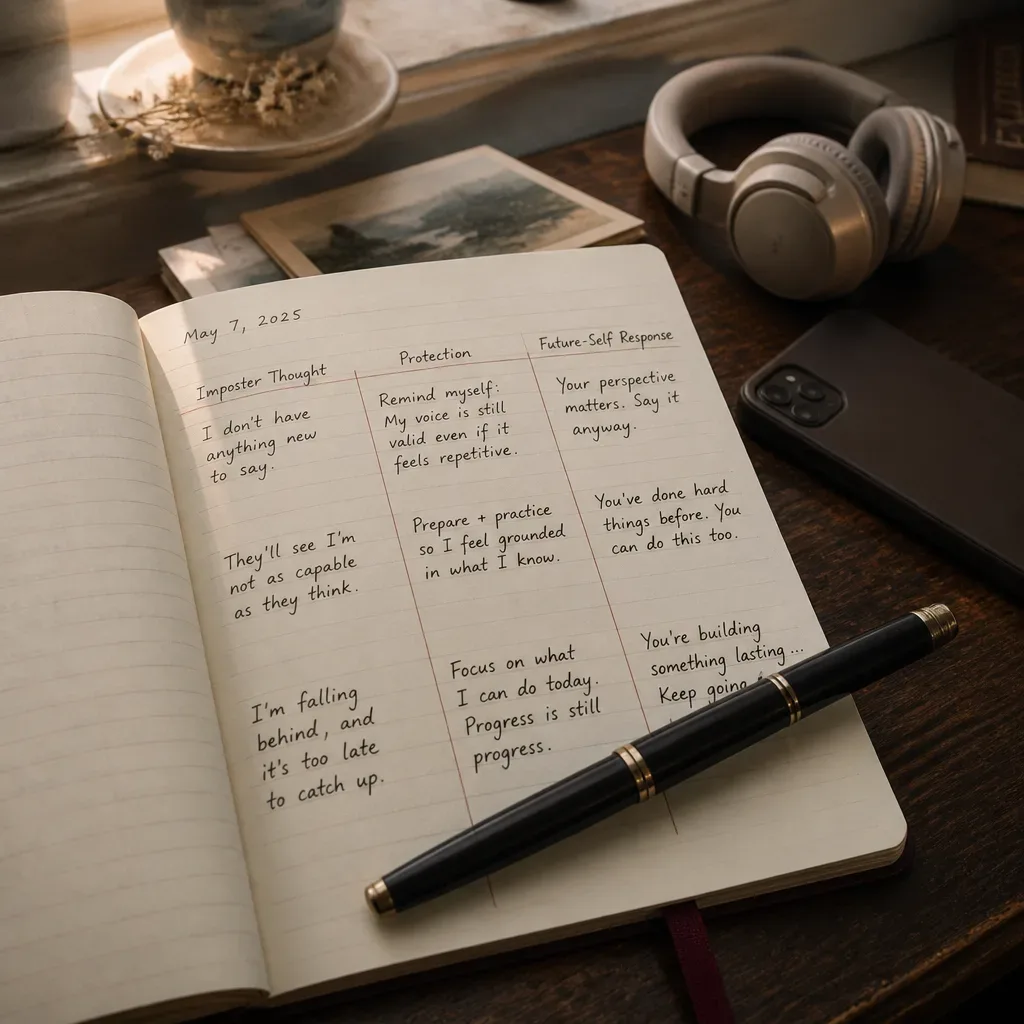 Notebook mapping imposter thoughts into future-self responses