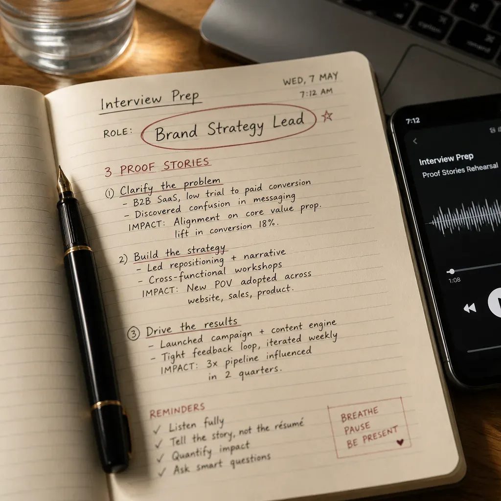 Notebook with job interview proof stories beside audio