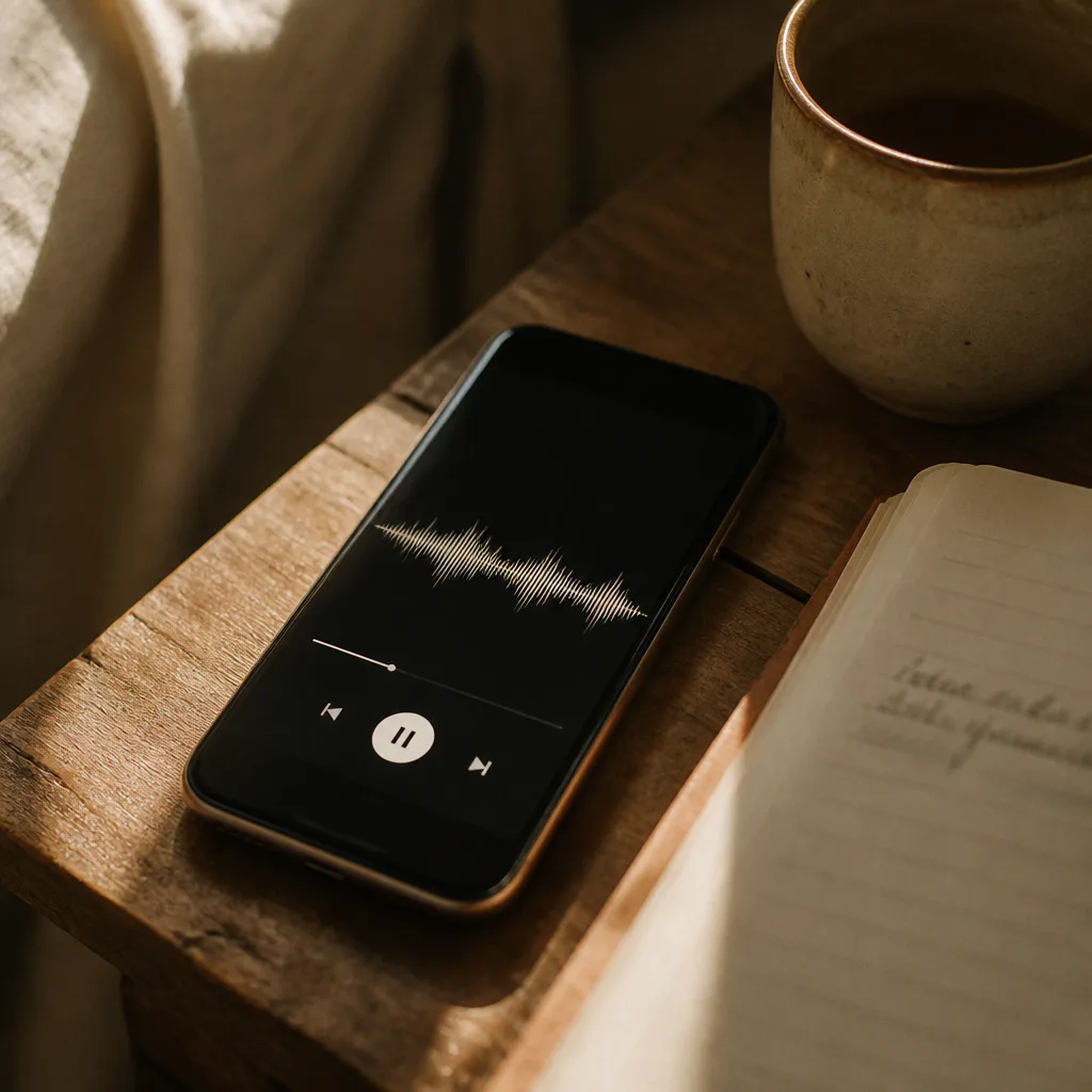 Celular tocando áudio de eu futuro ao lado de um chá da manhã