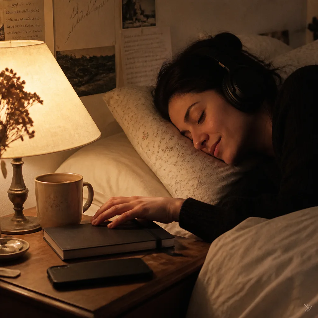 Person listening to audio beside closed journal