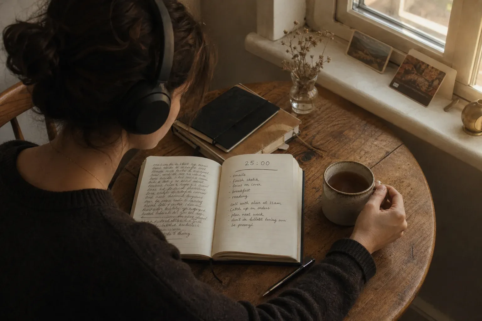 Person resting with headphones beside morning tea