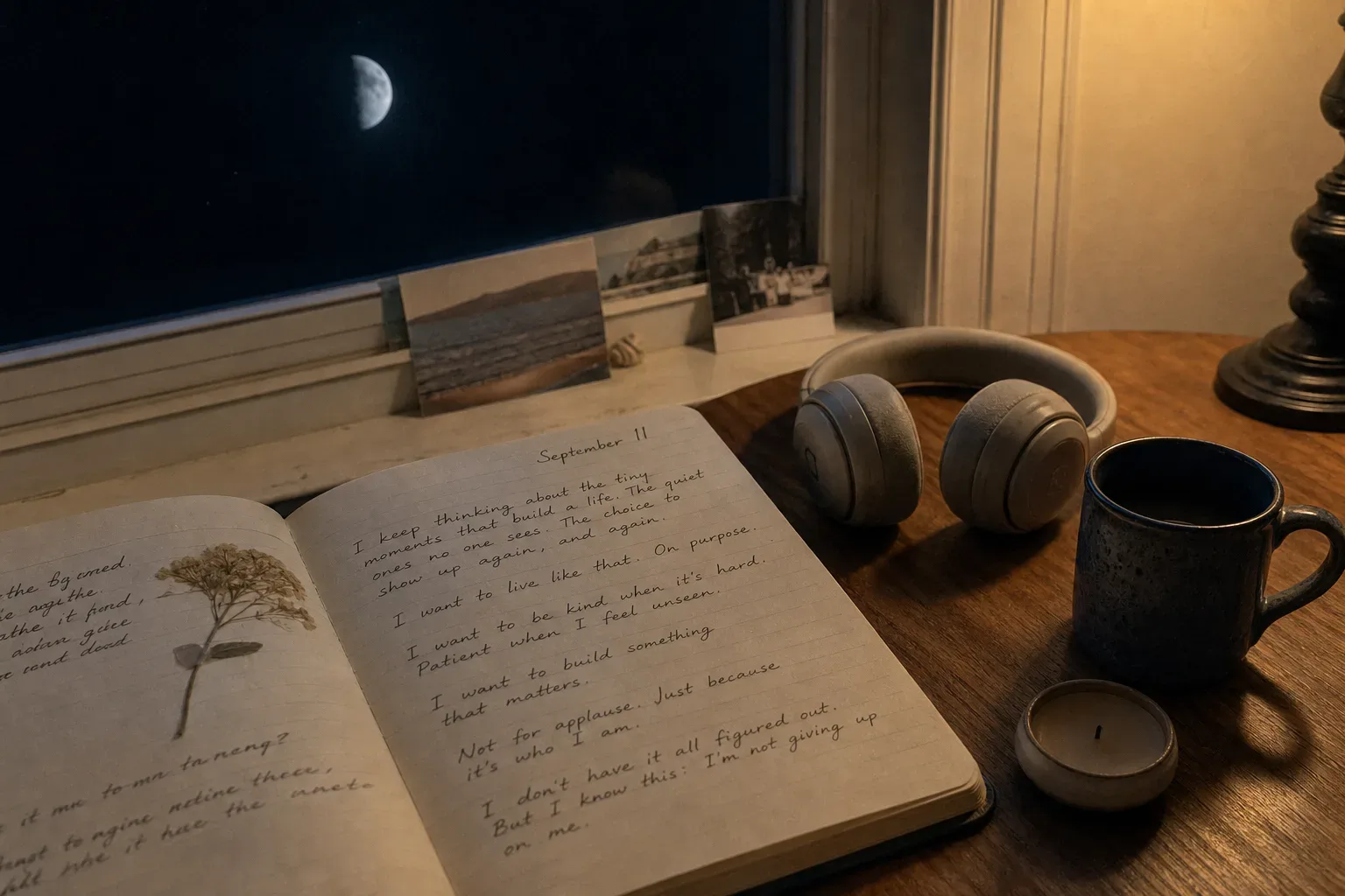 Moonlit desk with journal and headphones