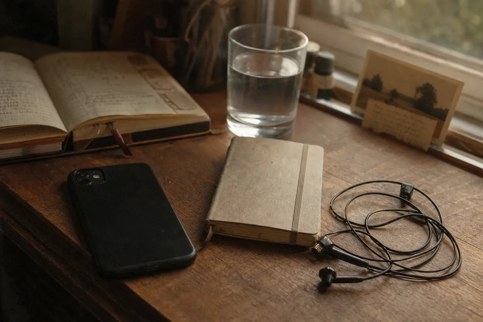 Celular ao lado de um caderno sob a luz suave da manhã