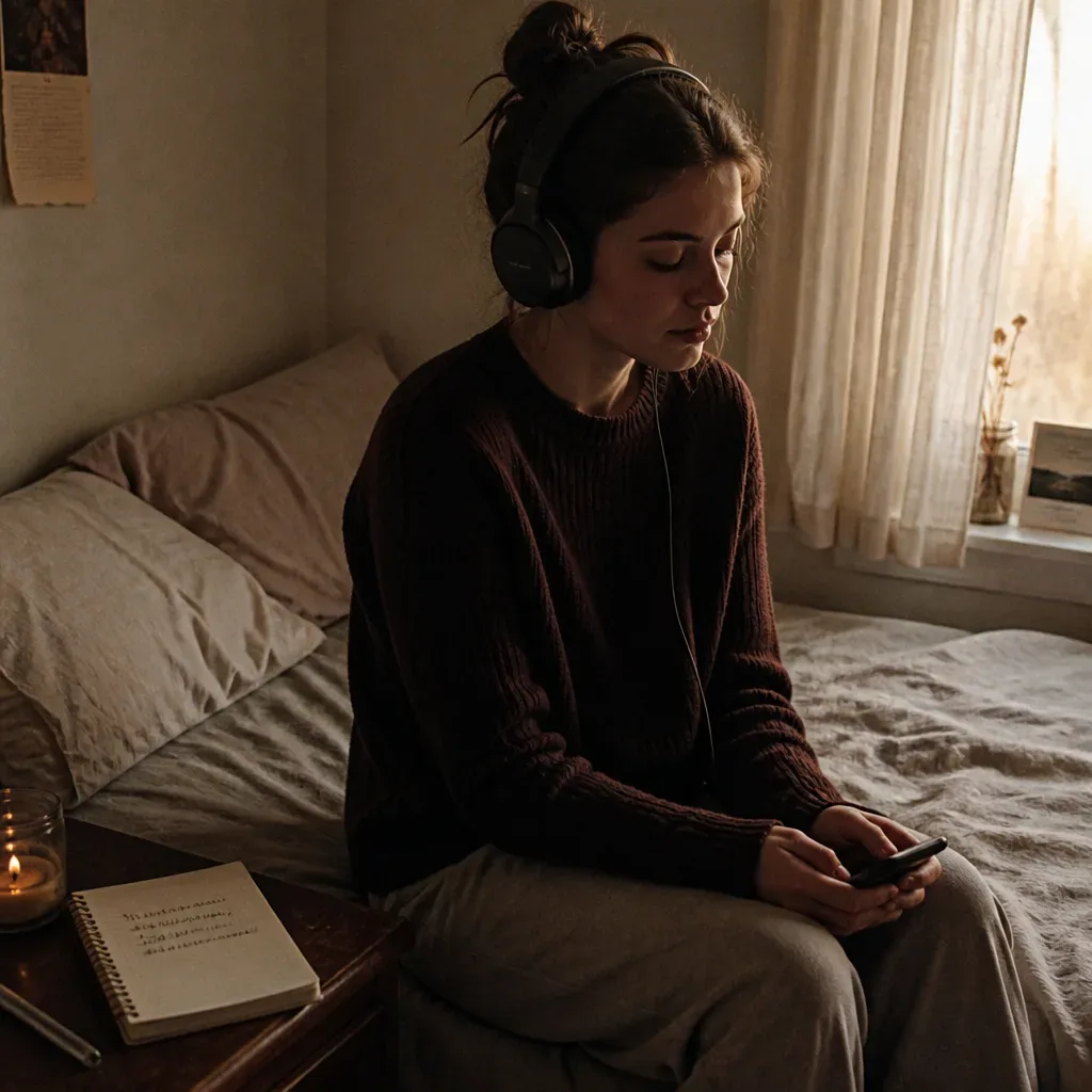 Person listening to future-self audio at dawn
