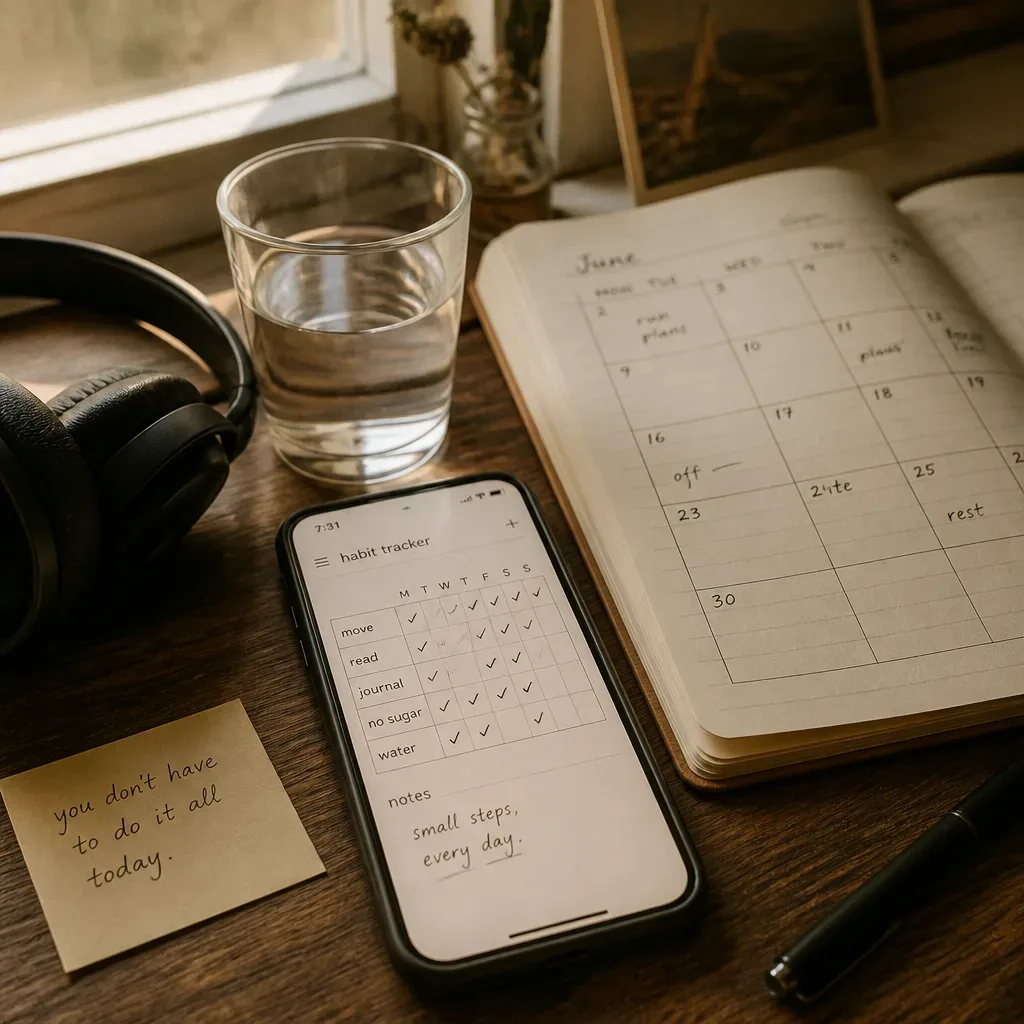 Einfacher Zuhör-Tracker neben Kopfhörern und Kalender