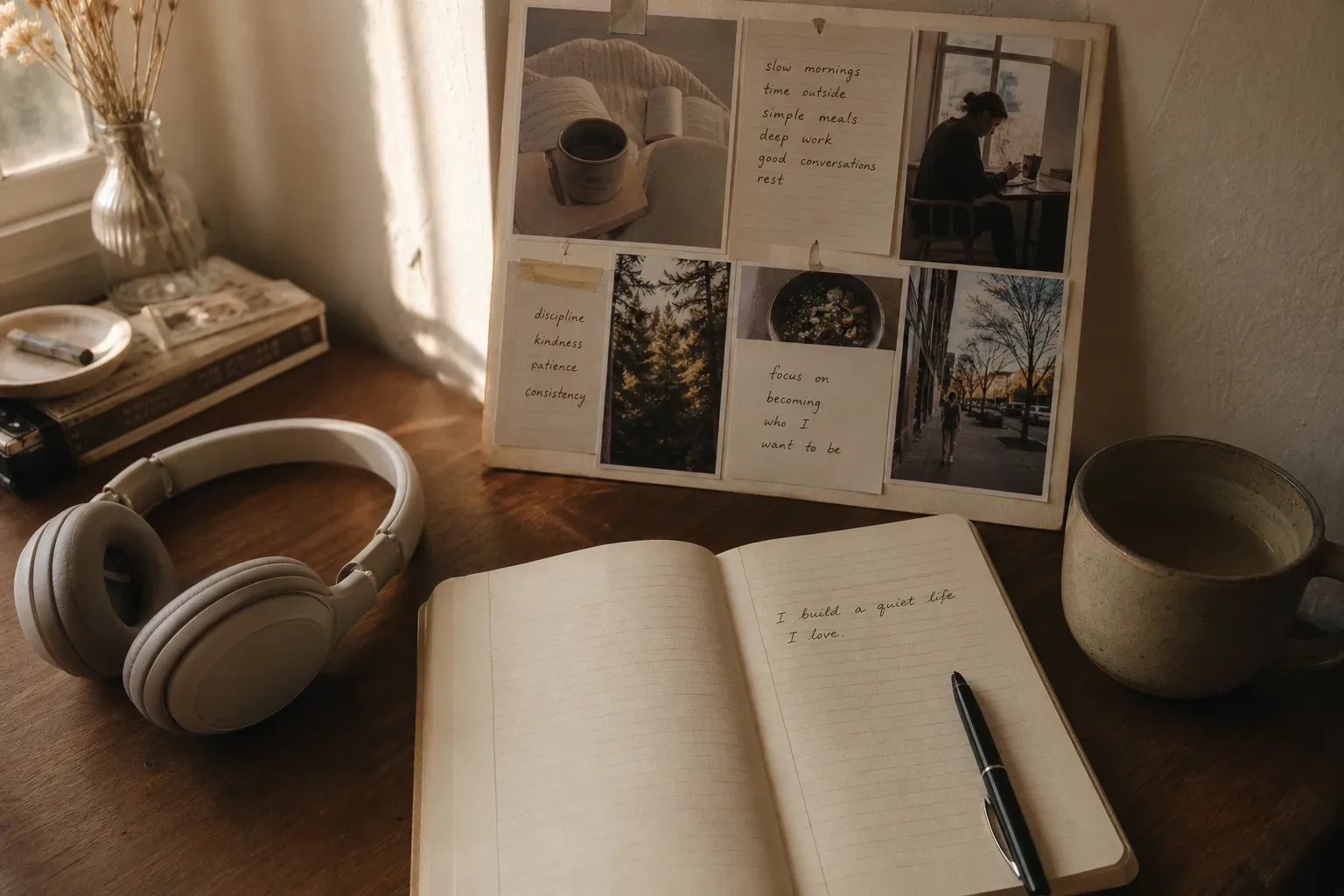 Vision board beside headphones on a quiet desk