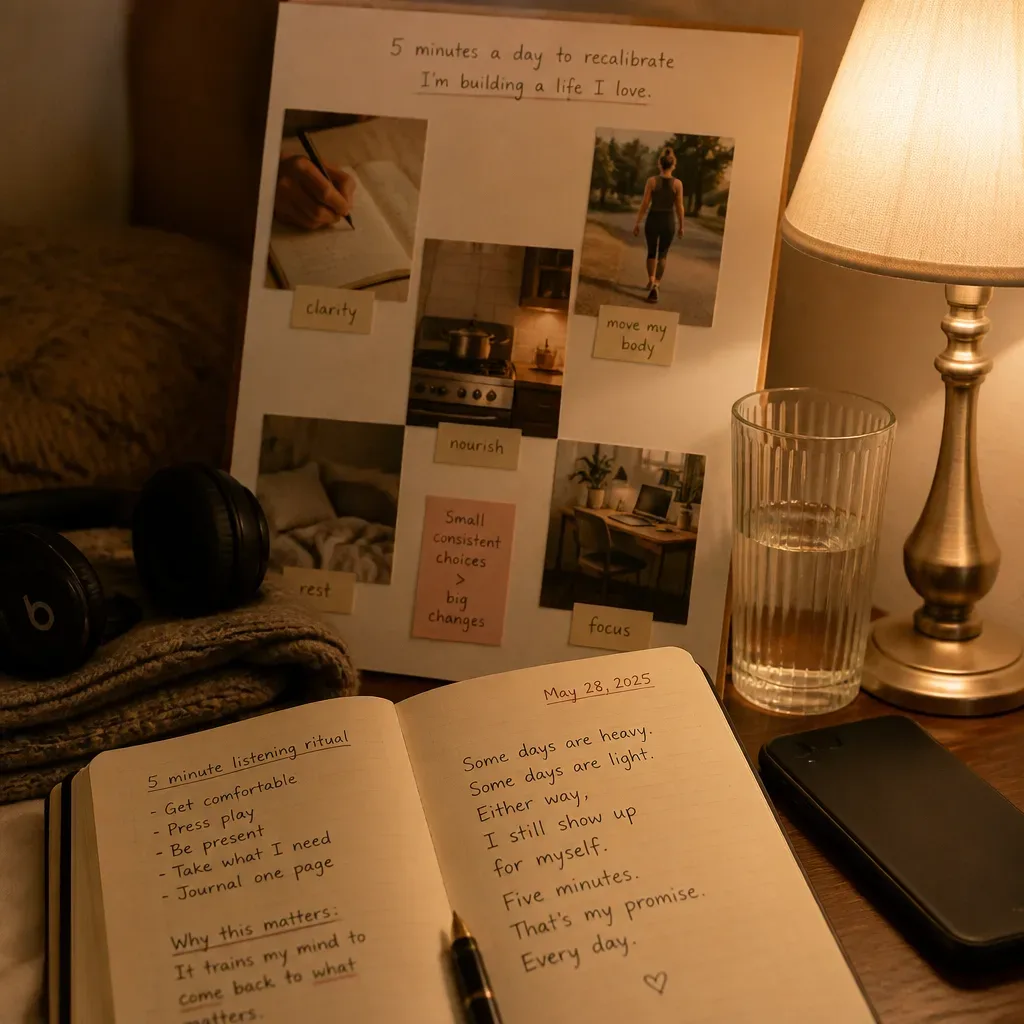 Bedside vision board prepared for audio practice
