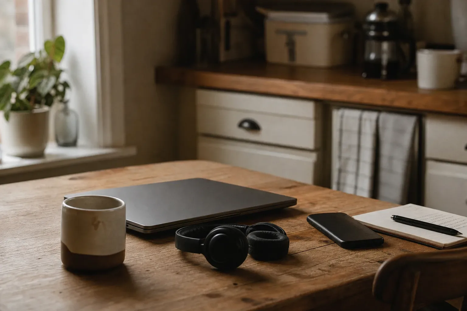 Desk with headphones beside an unopened email inbox