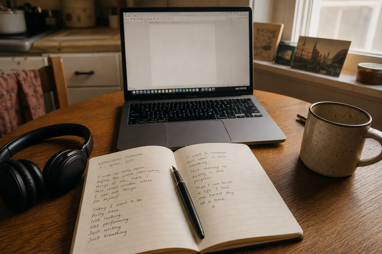 Desk with headphones beside a half-filled notebook