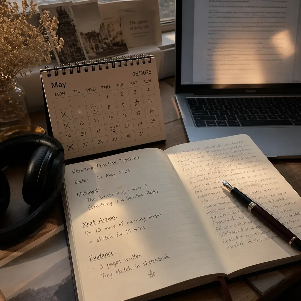 Creative practice tracker beside headphones and laptop