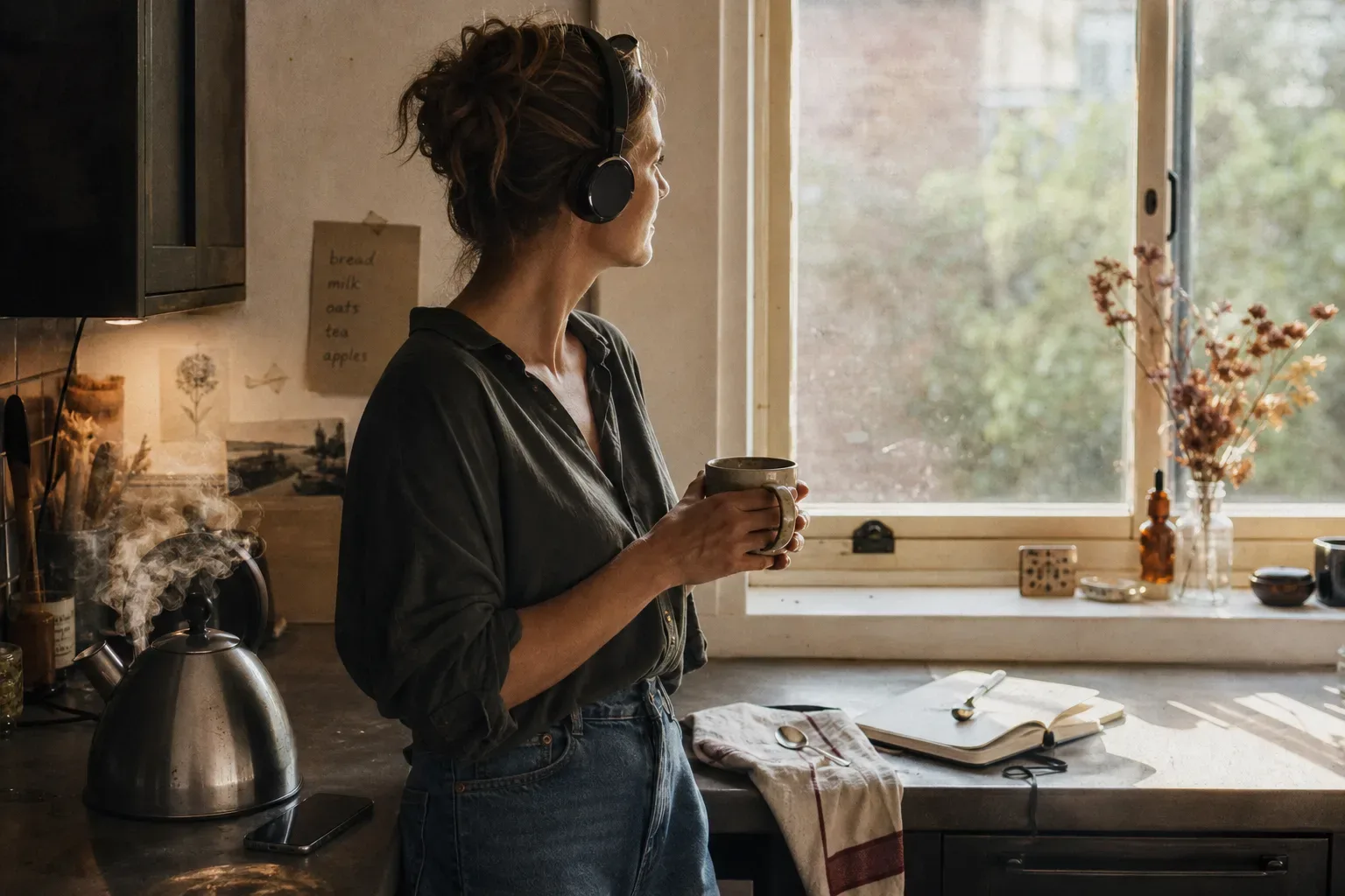 Woman listening to audio beside a morning kitchen window