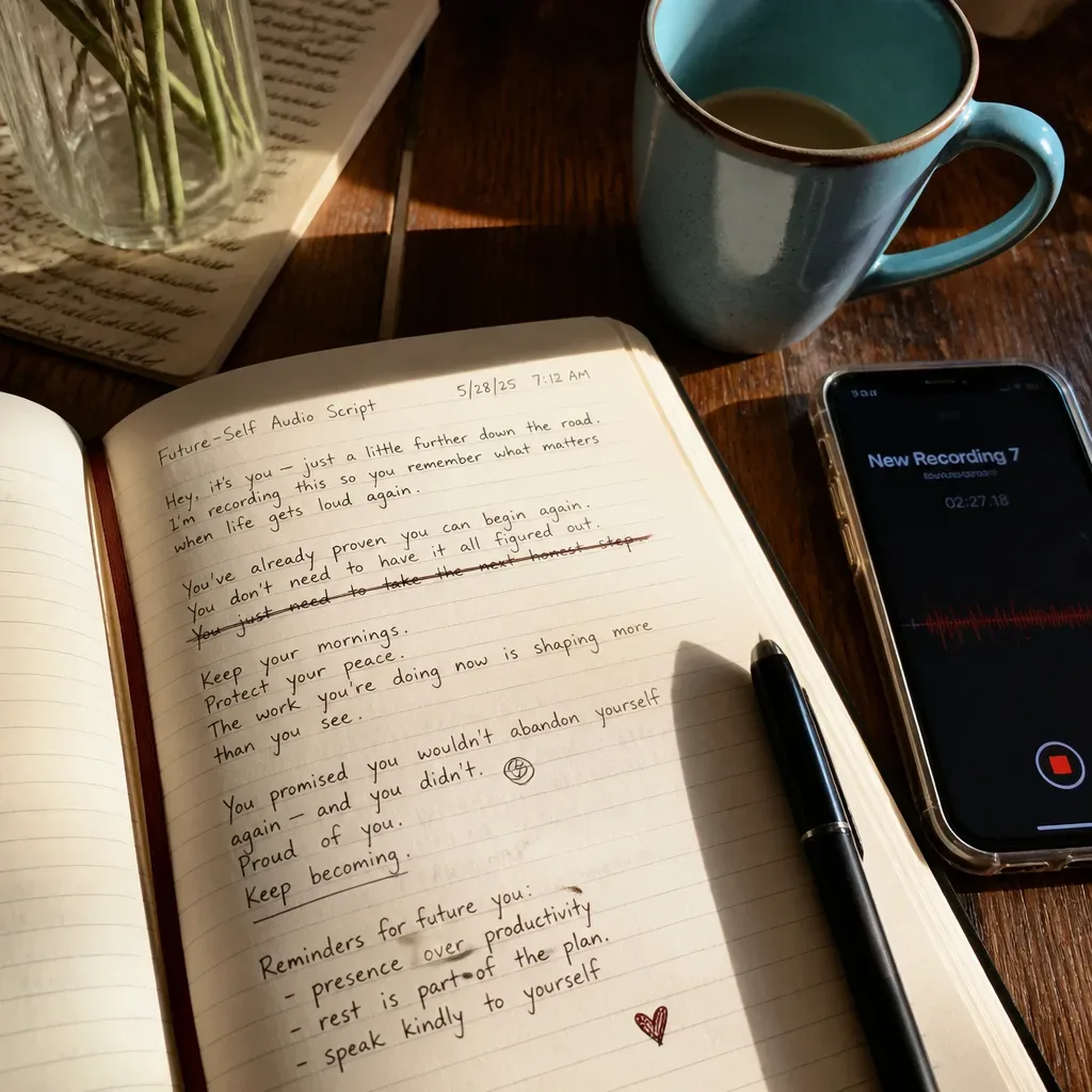 Notebook script beside phone and blue morning mug