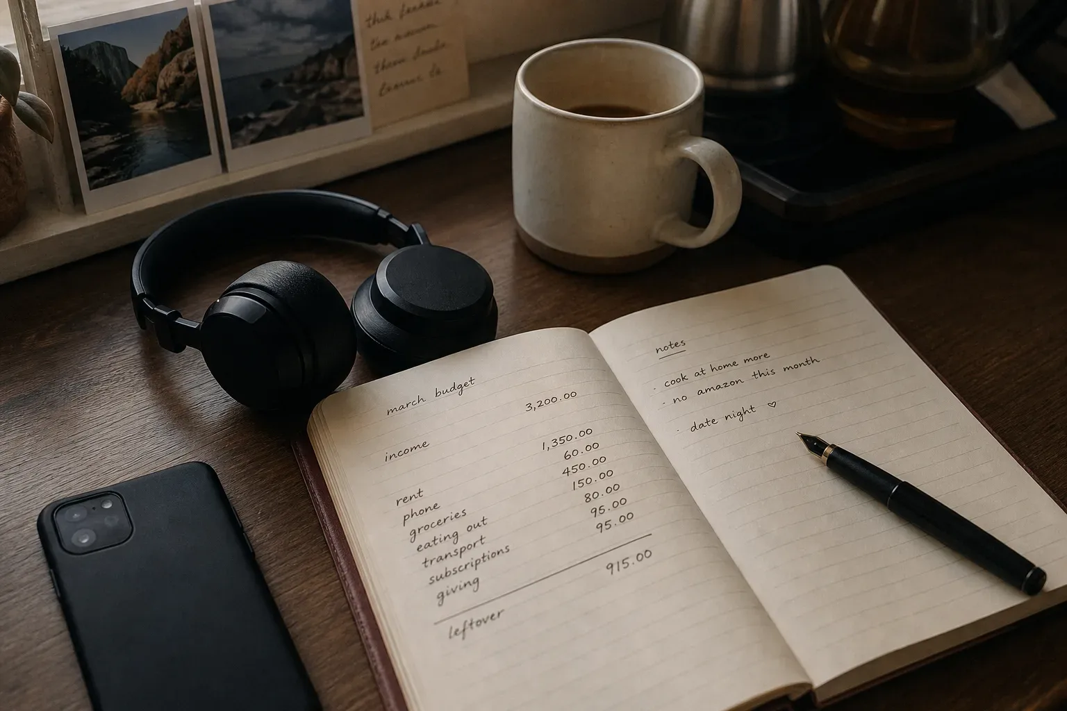 Morning desk with headphones and open money notebook