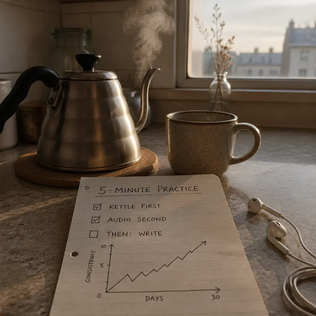 Kettle beside earbuds and handwritten morning practice note