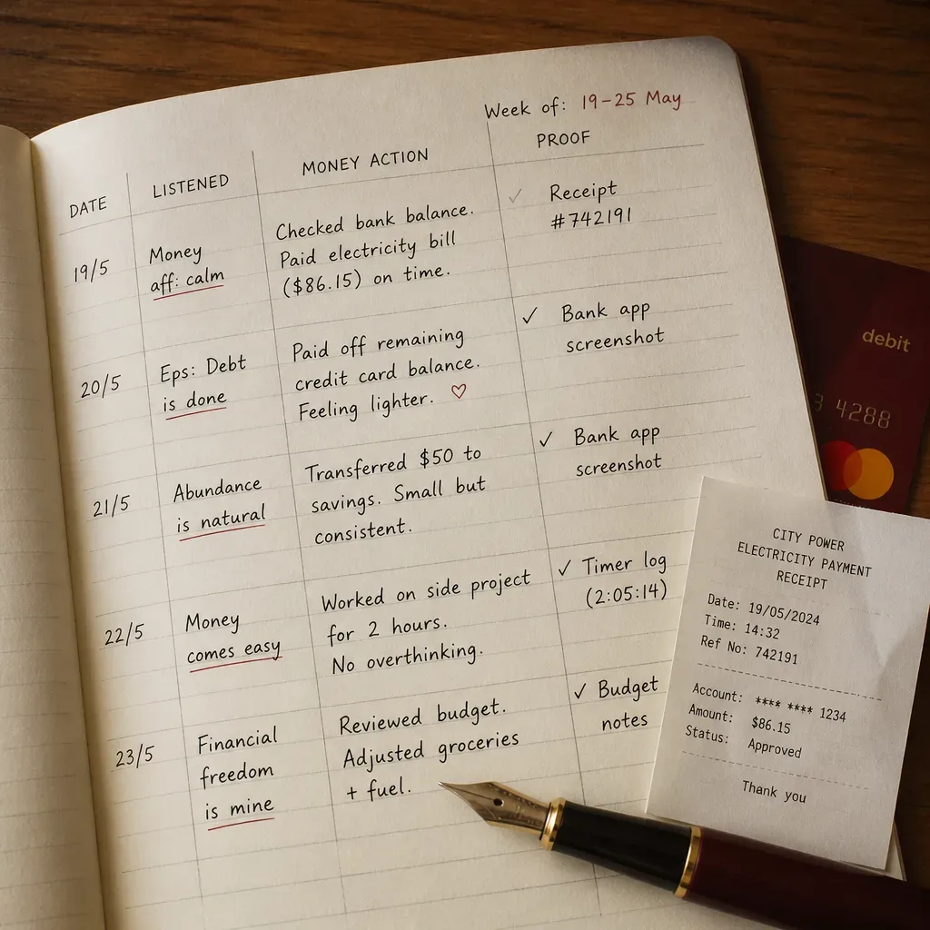 Notebook tracking daily audio and small money actions