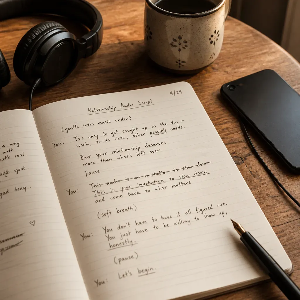 Notebook with future-self relationship audio script