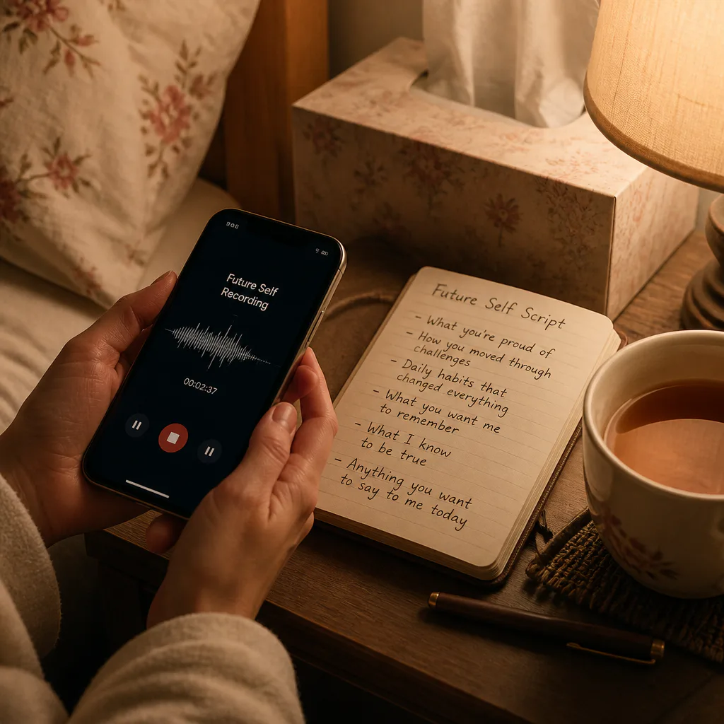 Dłonie przygotowujące skrypt audio przyszłego ja