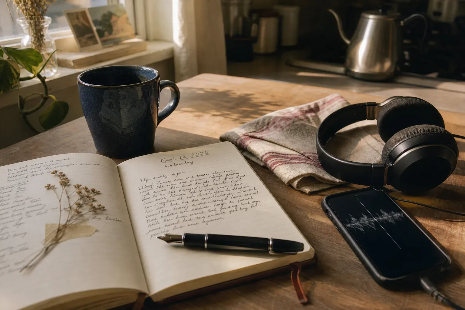 Sabah kahvesinin yanında defter ve kulaklık