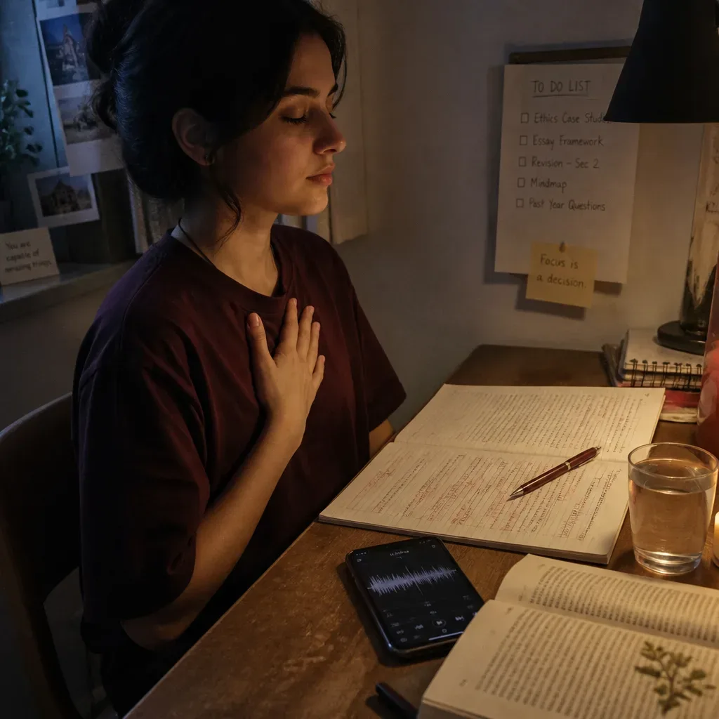 Student breathing calmly beside exam practice papers
