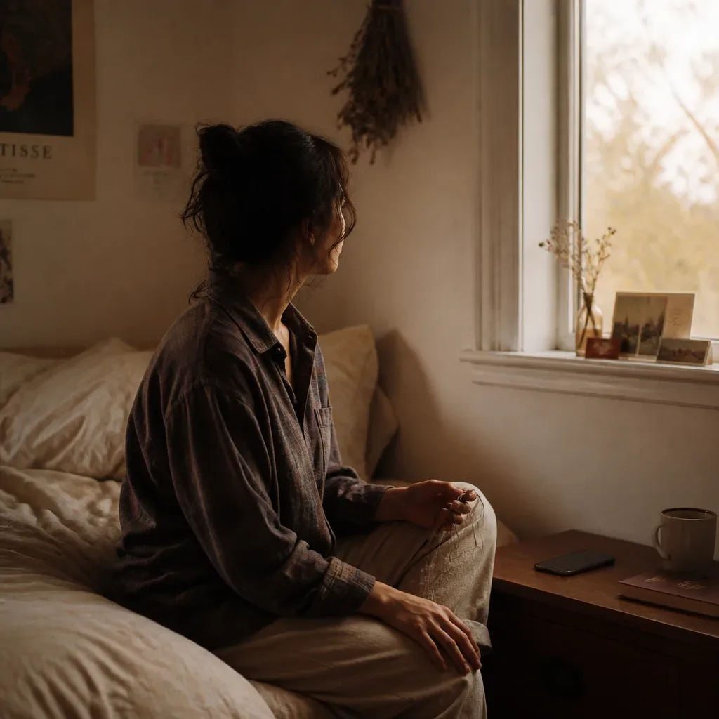 Person pausing with earbuds beside a dark phone
