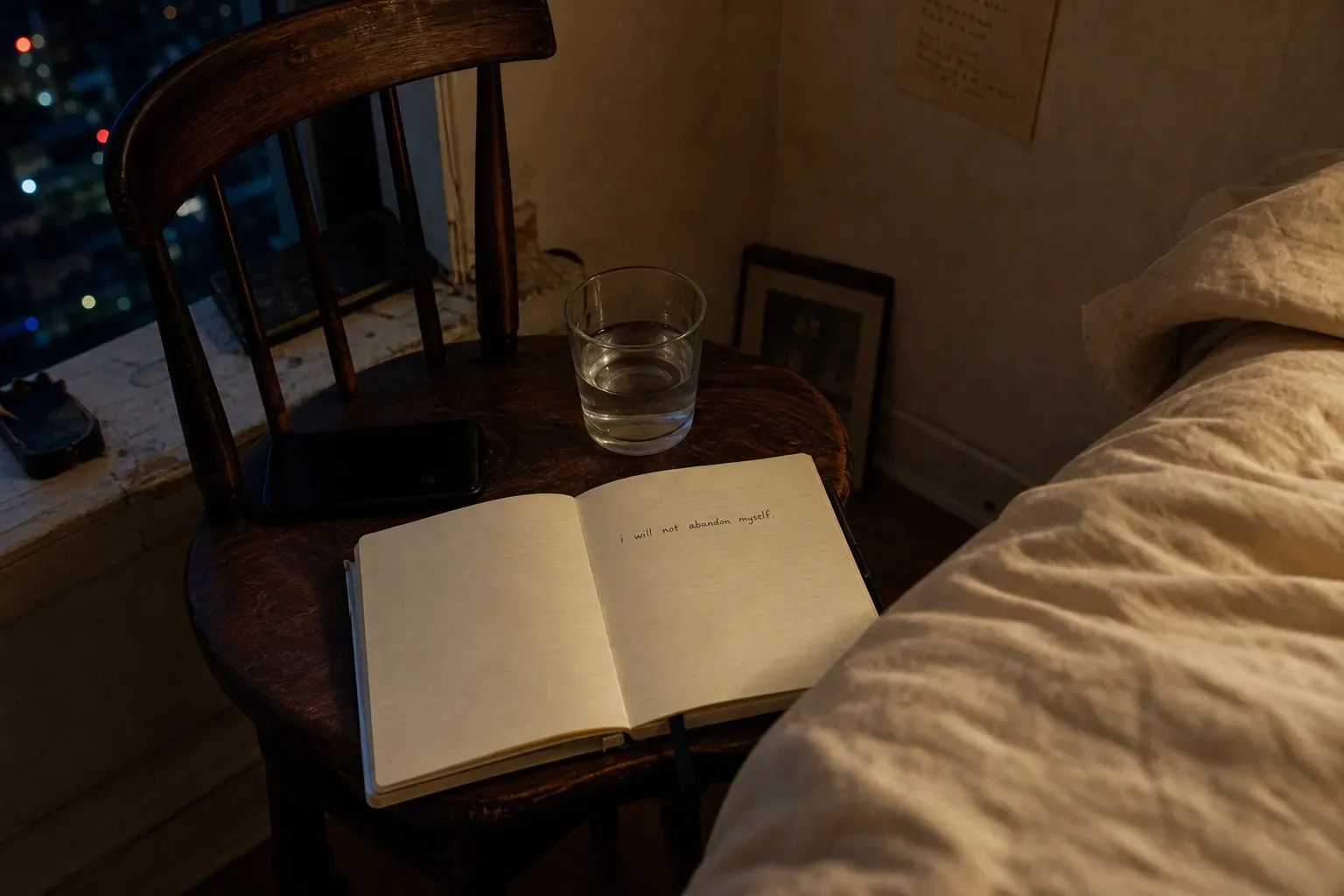 Bedside phone playing soft audio beside a notebook