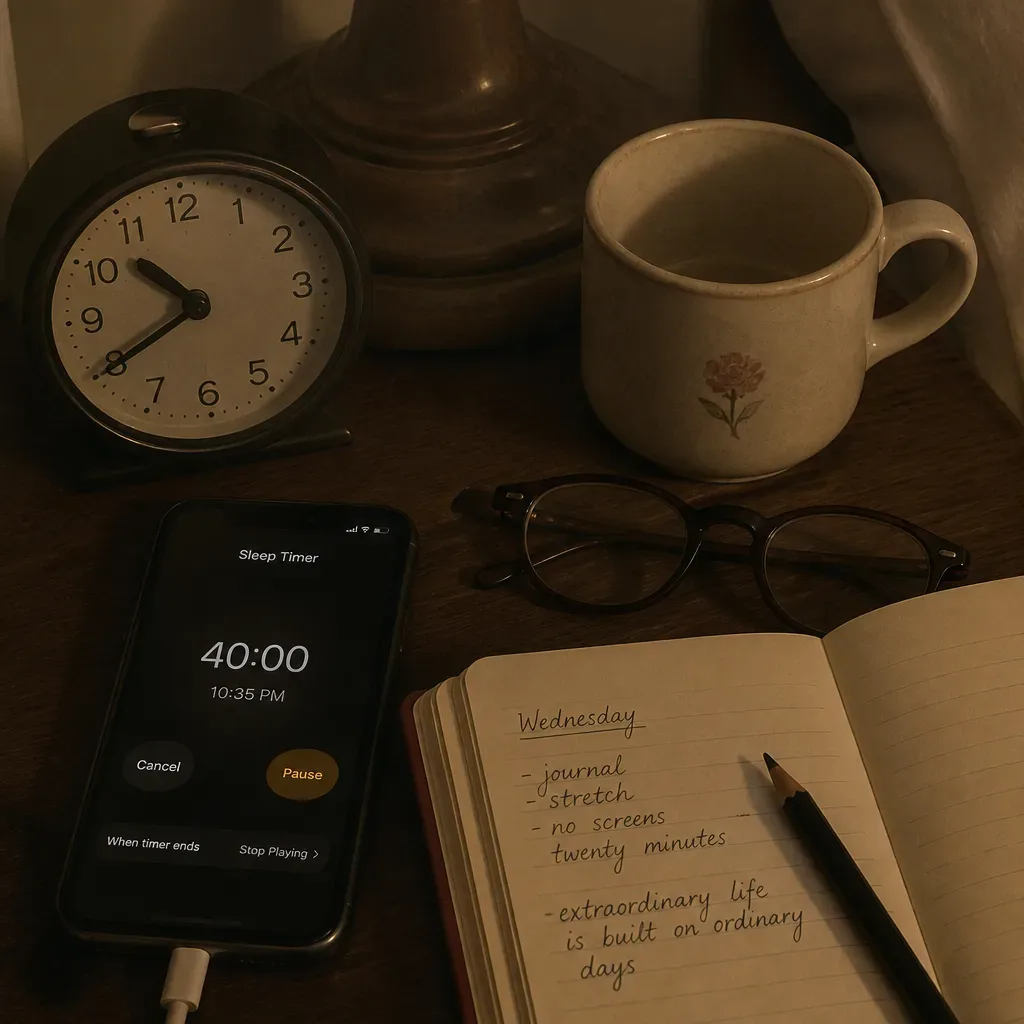 Phone sleep timer beside notebook at night