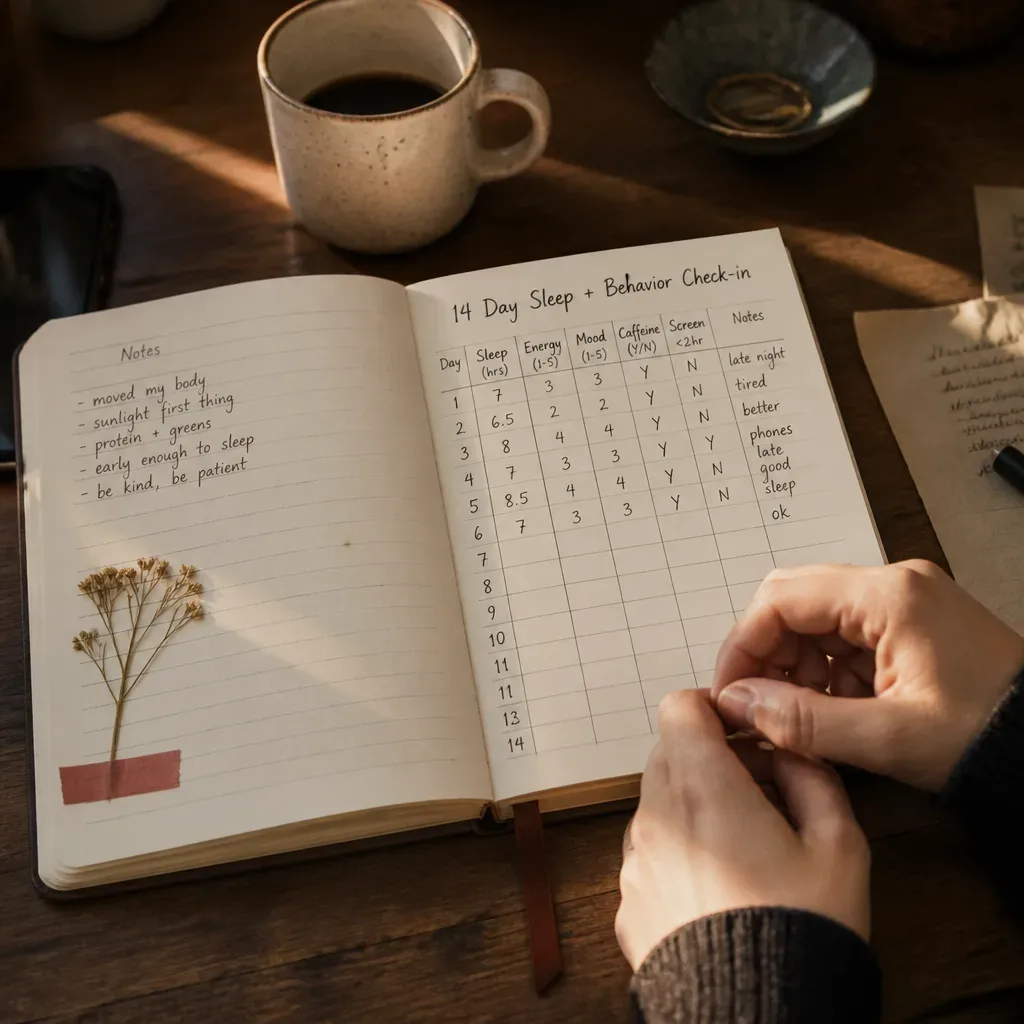 Morning notebook tracking sleep and small actions