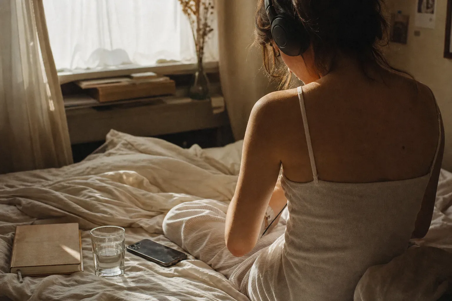 Pessoa descansando com fones de ouvido em uma luz suave da manhã