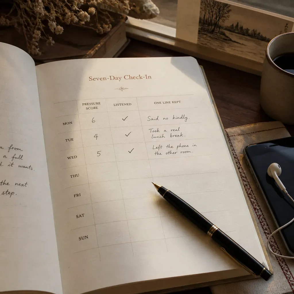 Simple weekly reset tracker beside headphones