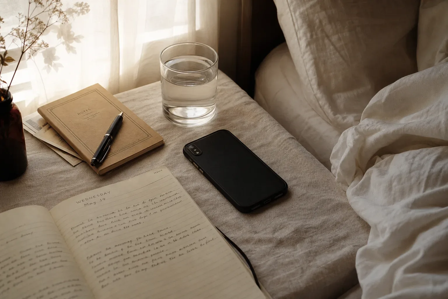Telefon i notes obok spokojnego porannego łóżka