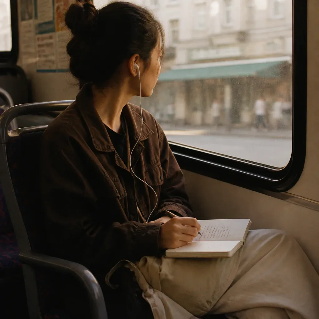 Person listening to audio on morning bus