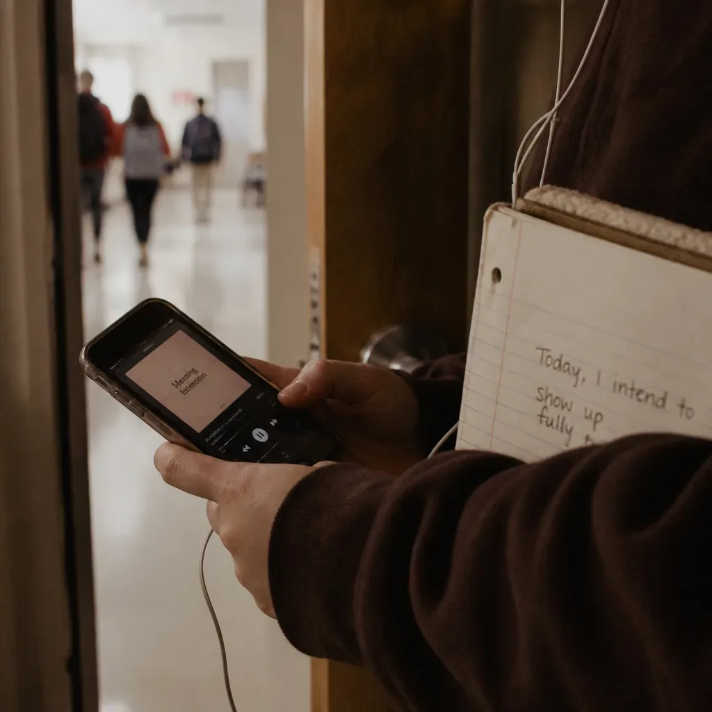 Student listening outside classroom before lecture