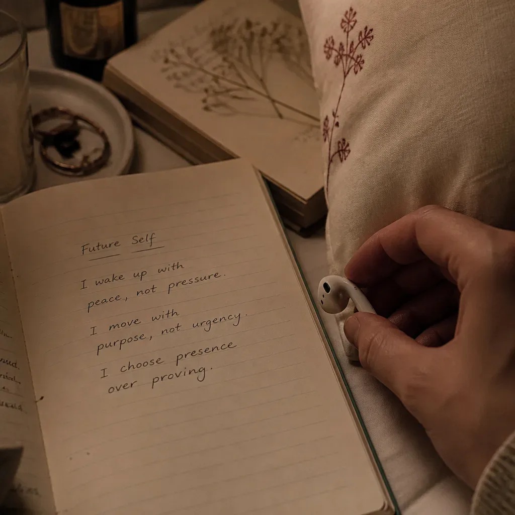 Hand placing earbud beside handwritten future-self notes