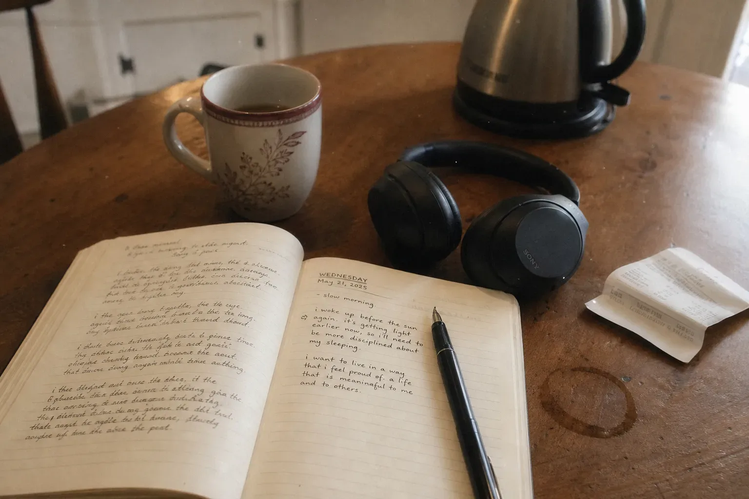 Notebook and headphones on a quiet kitchen table