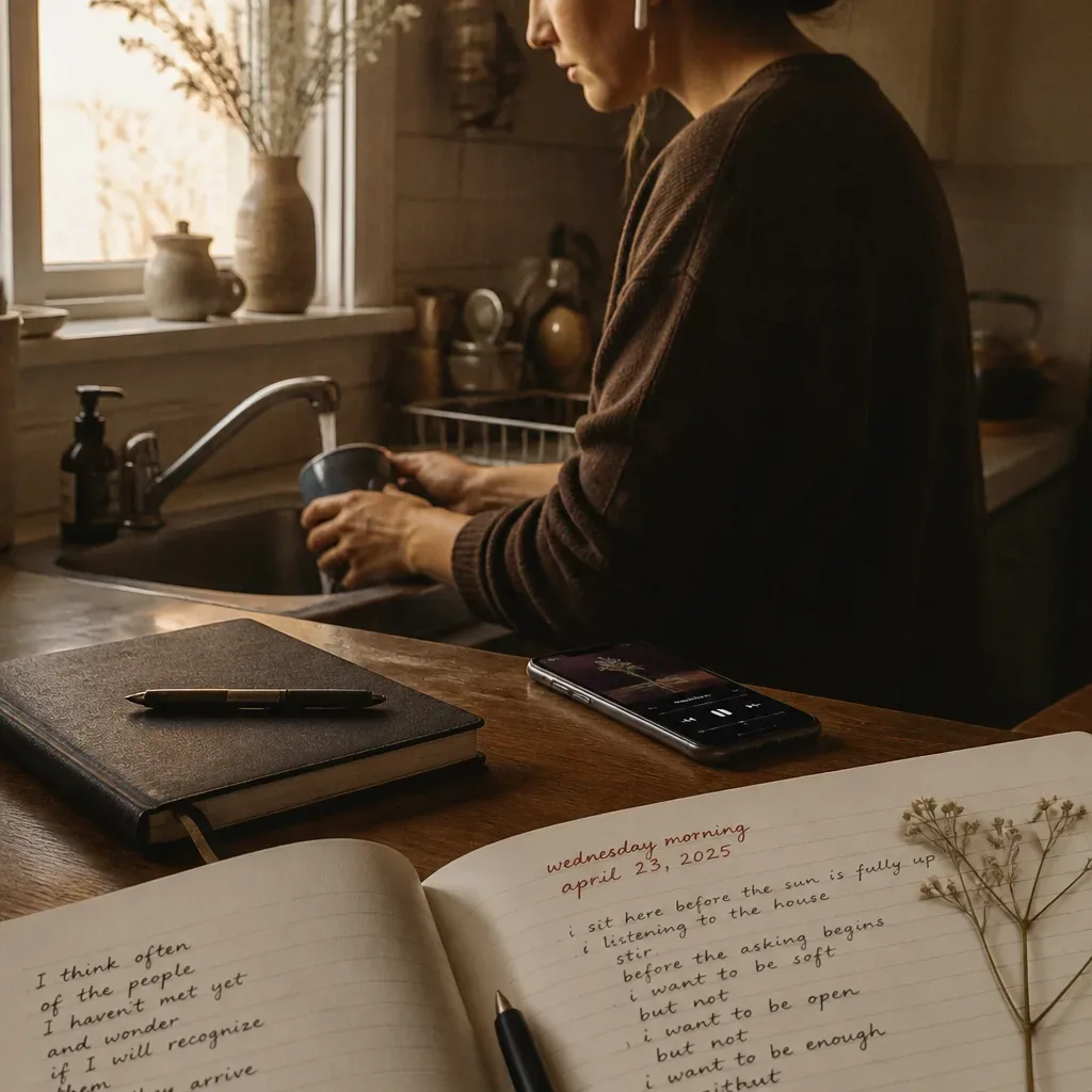 Person listening to audio while washing a blue mug