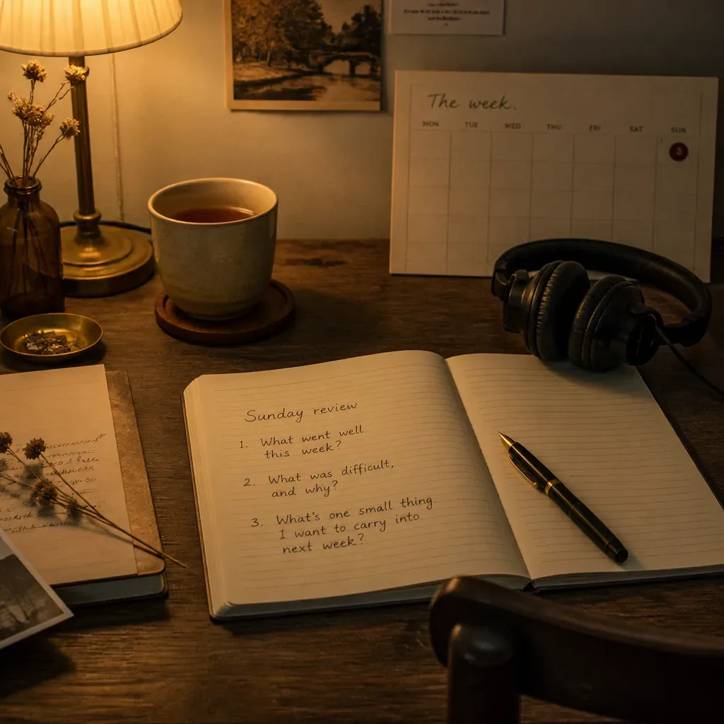 Notebook review beside headphones on a Sunday desk