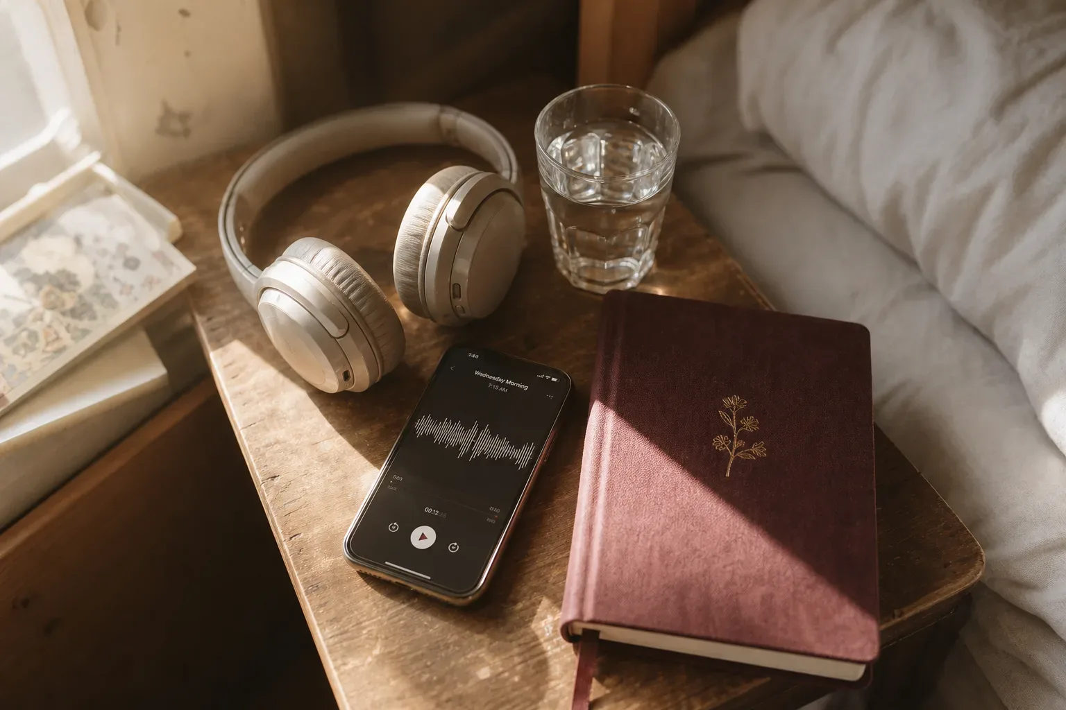 Fones de ouvido e diário ao lado de um celular com luz suave