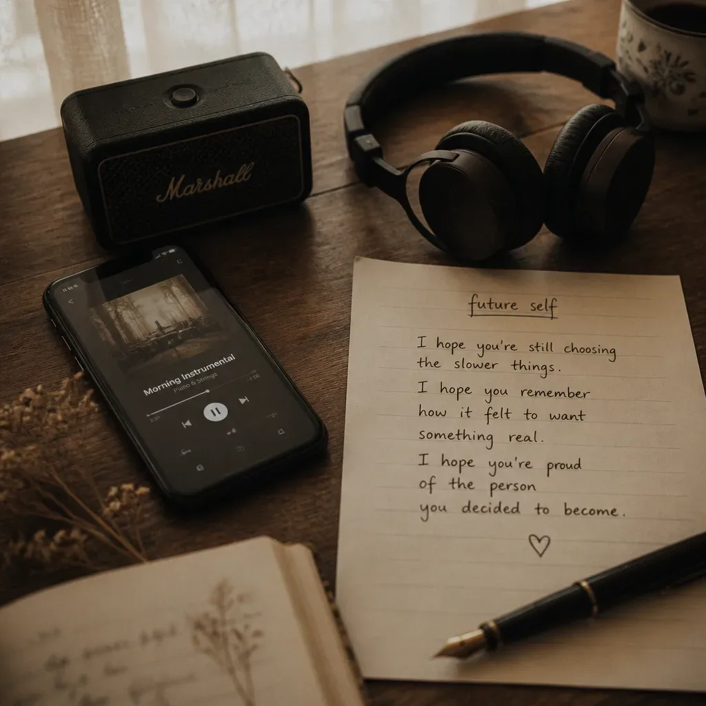 Music track and future-self note side by side