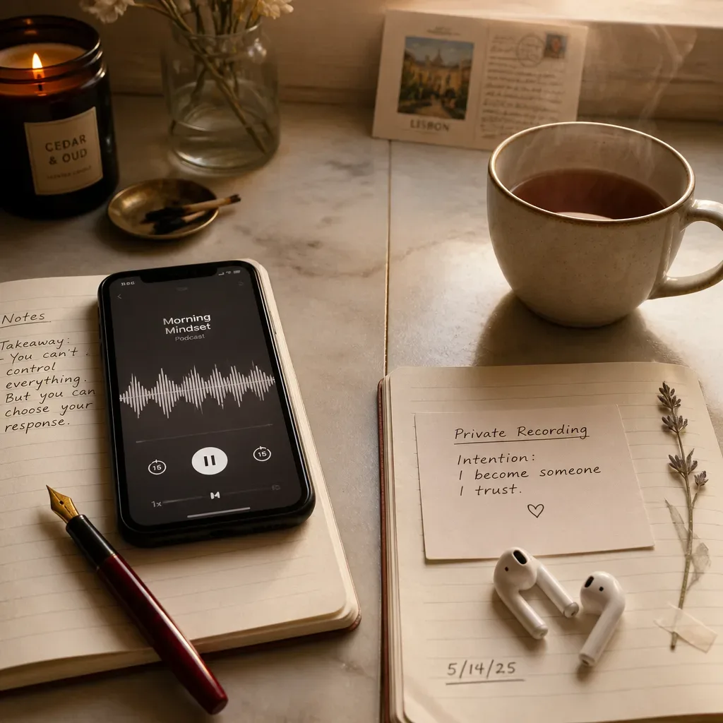 Podcast waveform beside a private intention card