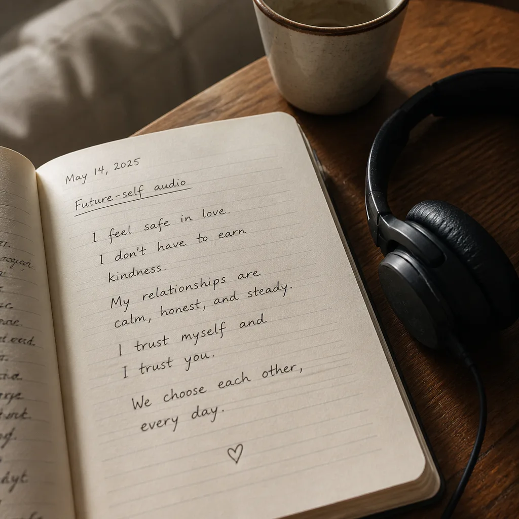 Notes i słuchawki do pisania audio przyszłego ja