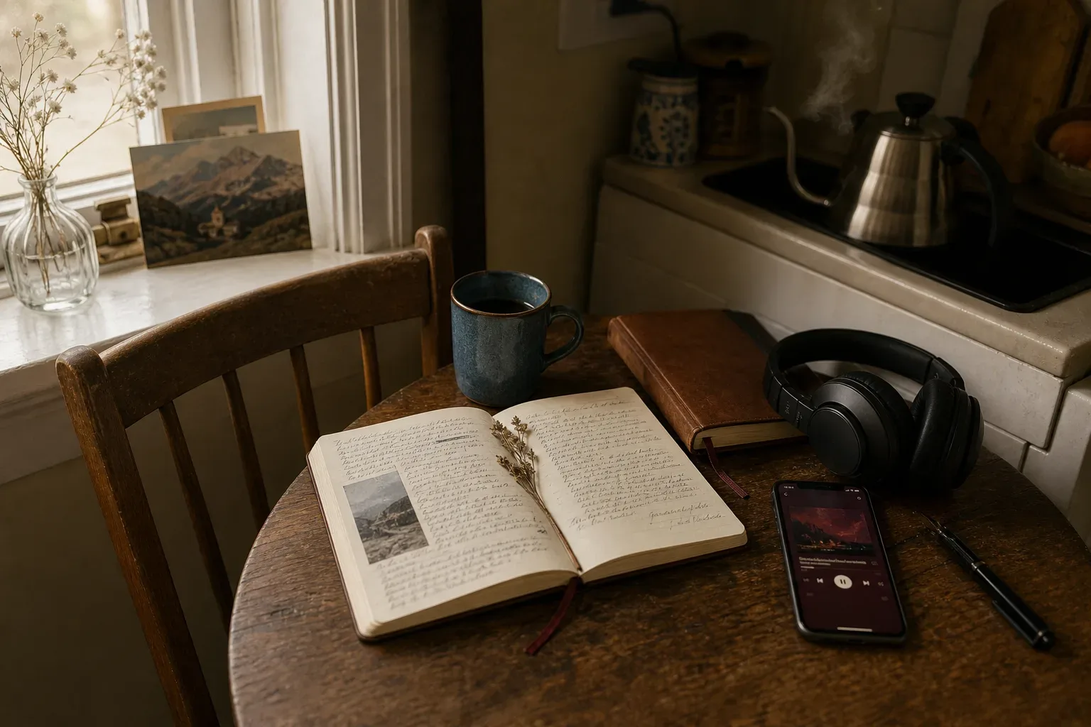 Morning chair with headphones beside a journal