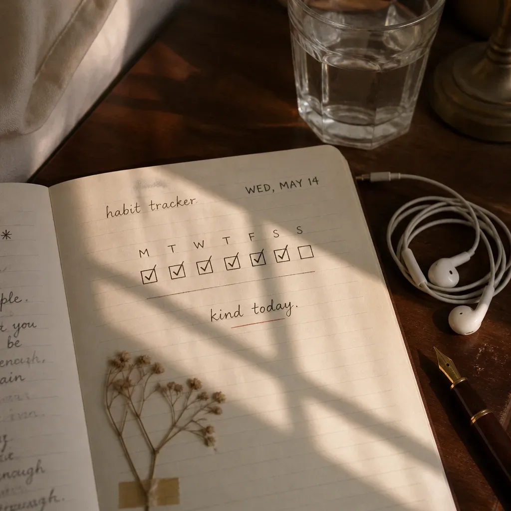 Seven-day habit tracker beside morning headphones