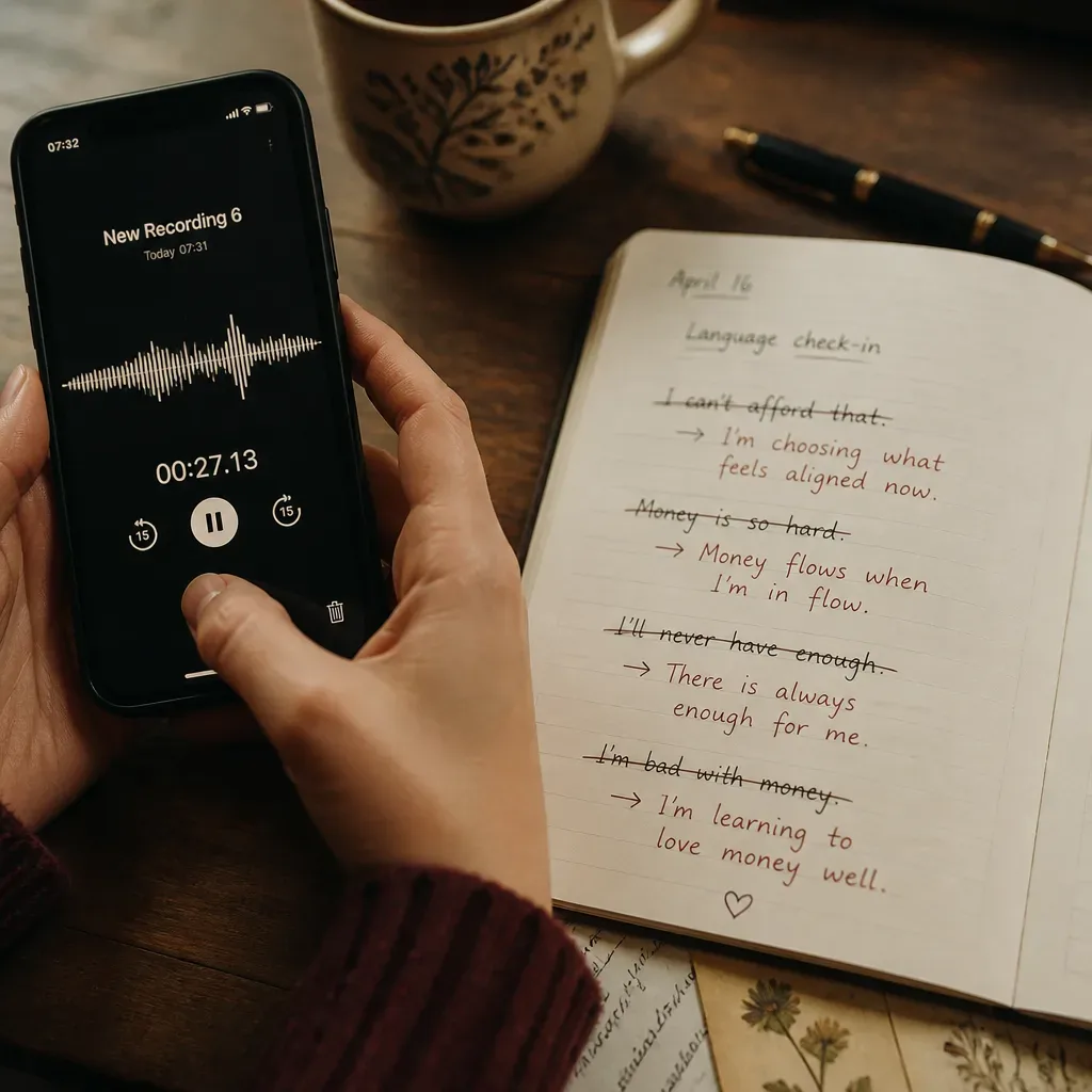 Hands rewriting money affirmations beside phone audio