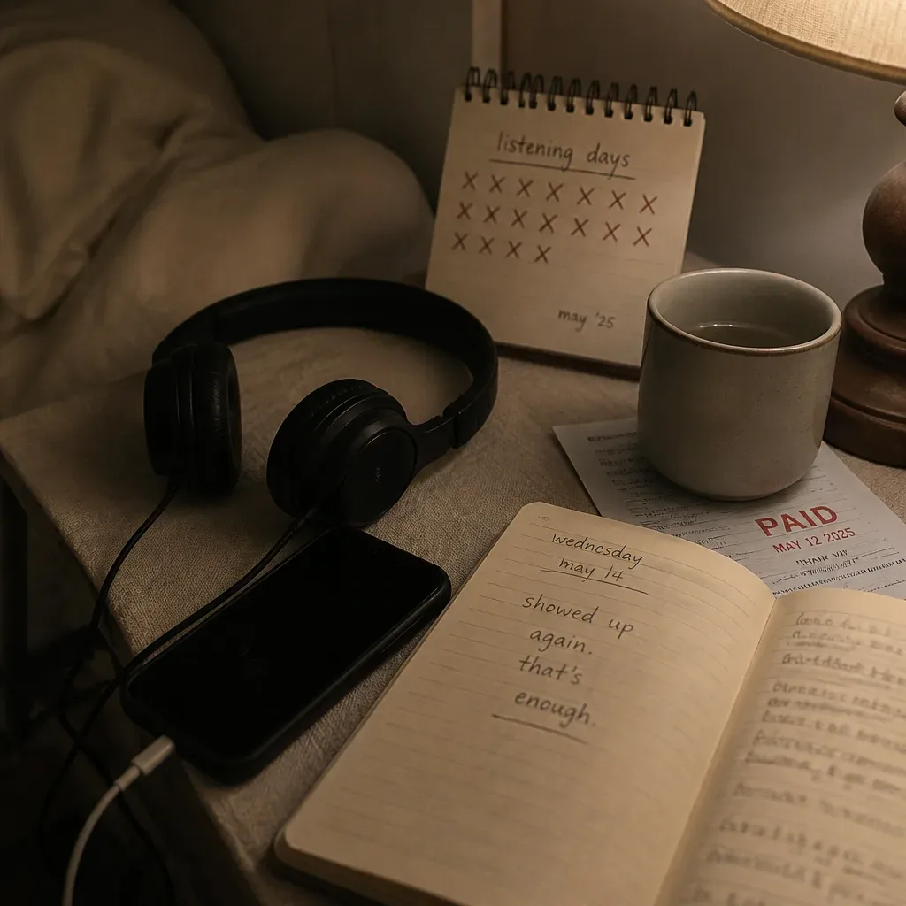 Headphones, calendar, and paid bill on bedside table