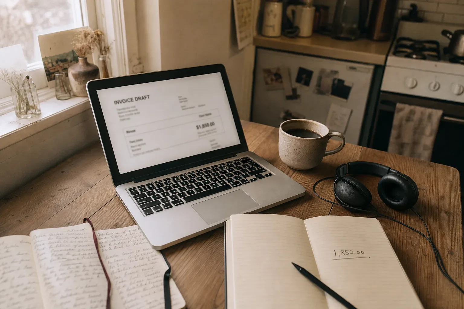 Escritorio con borrador de factura y audífonos junto al café