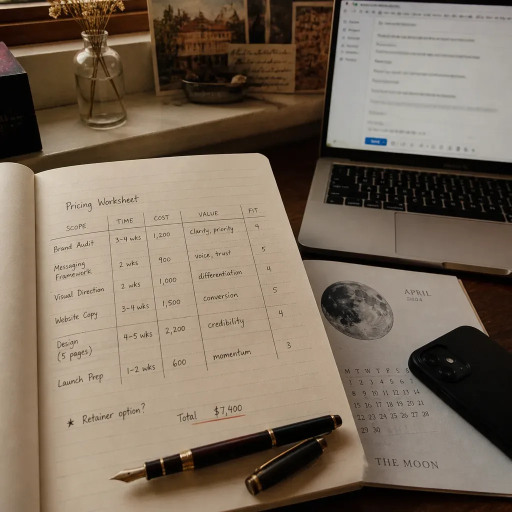 Handwritten pricing checklist beside email draft