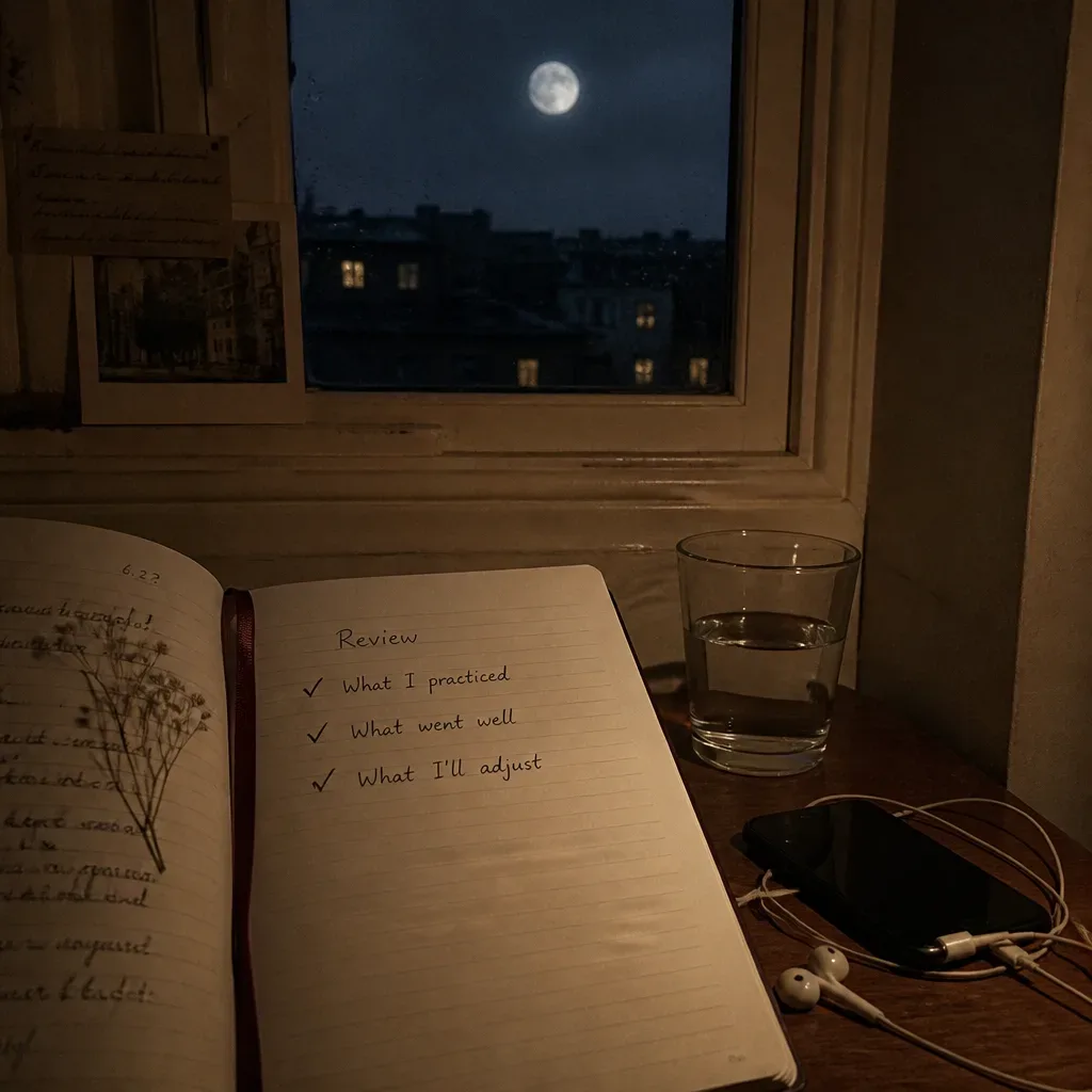 Full moon review beside phone and notebook