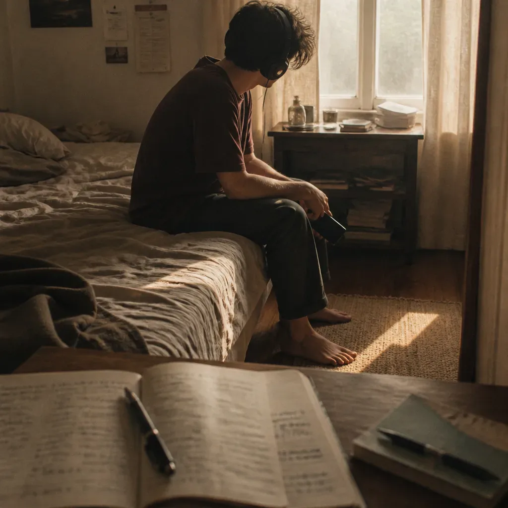 Person listening to morning audio on bed