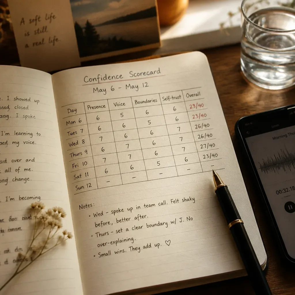 Notebook scorecard beside phone audio waveform
