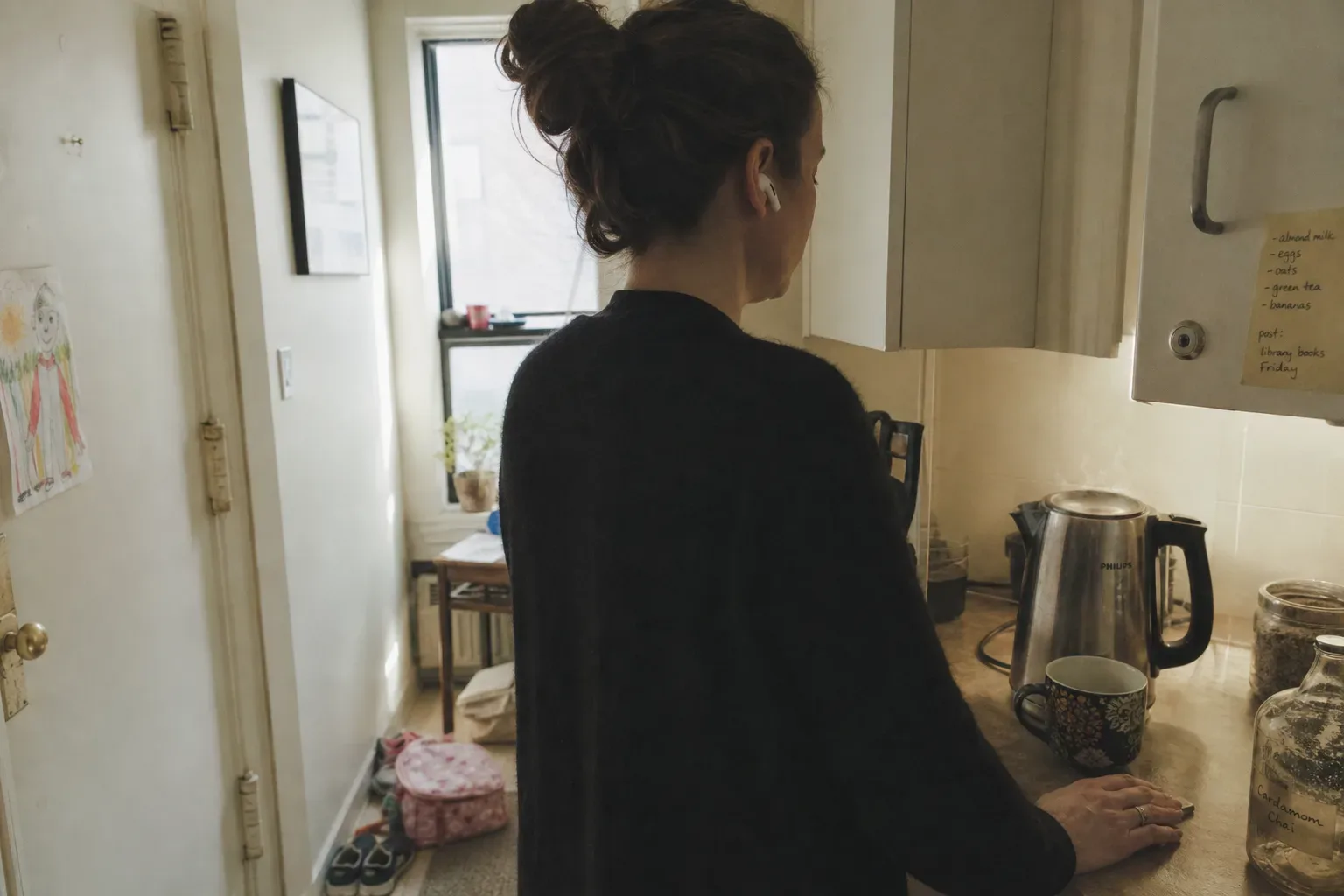Madre escuchando en silencio junto a una tetera por la mañana